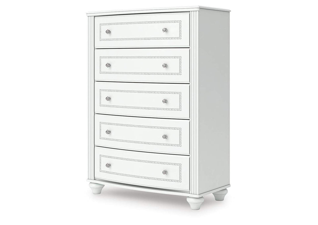 Maylilly Full Upholstered Panel Bed, Dresser and Chest angled view