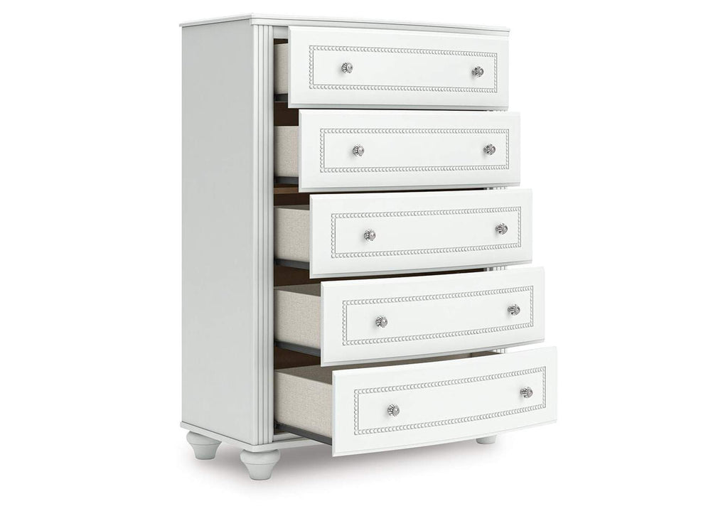 Maylilly Twin Upholstered Panel Bed, Dresser and Chest angled view