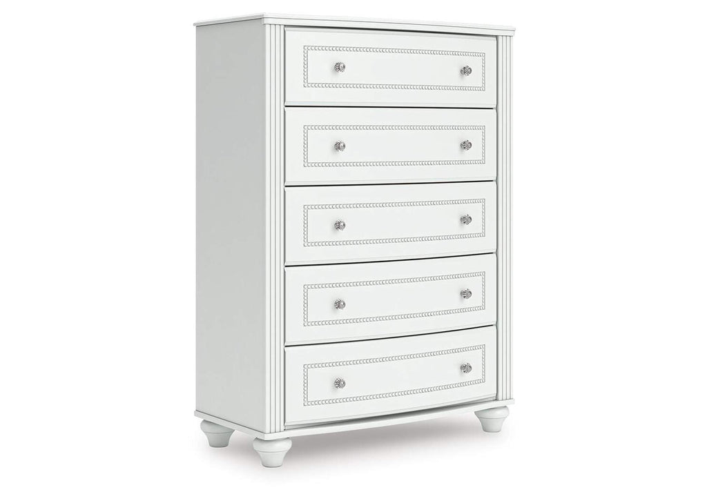 Maylilly Twin Upholstered Panel Bed, Dresser and Chest angled view