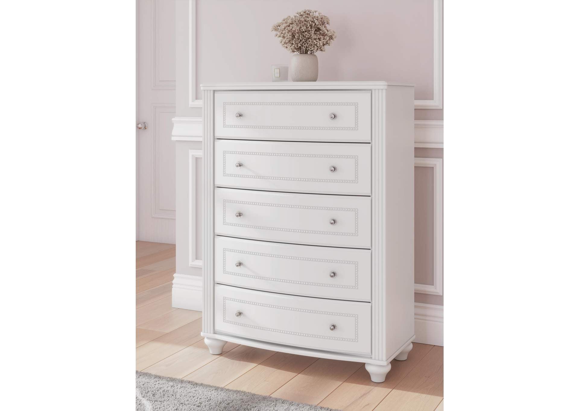 Maylilly Full Upholstered Panel Bed, Dresser and Chest