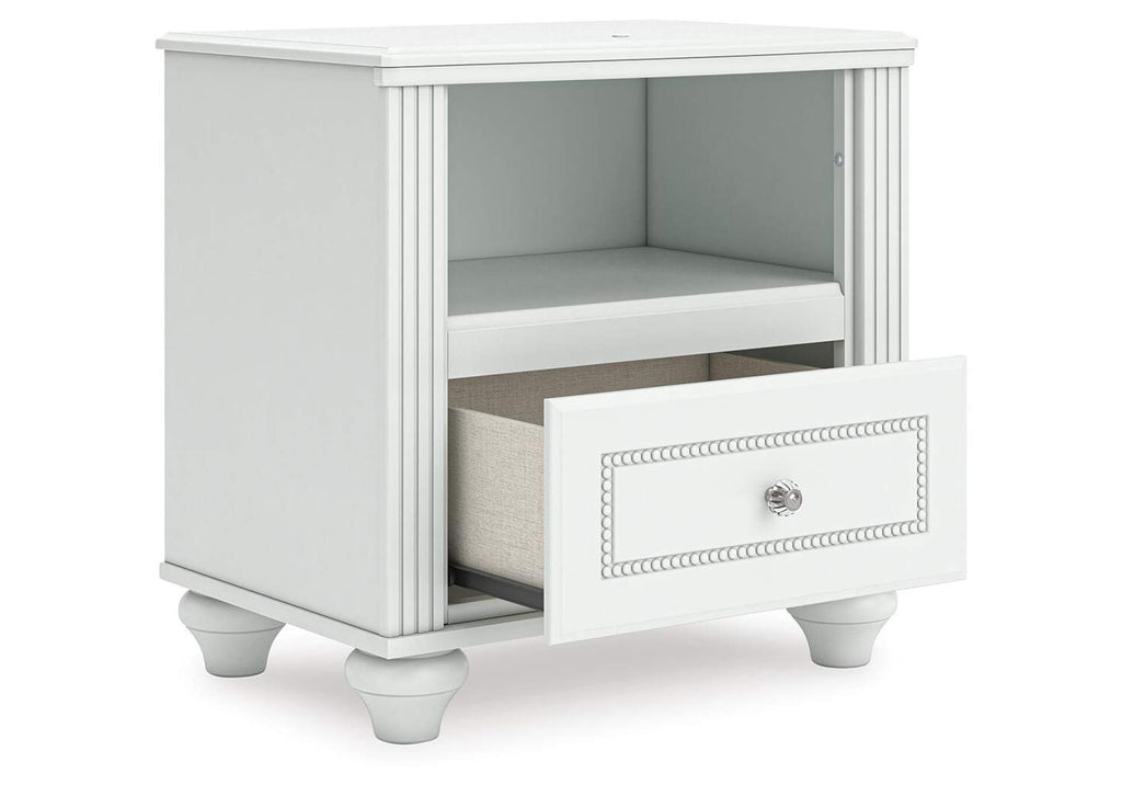 Maylilly Full Upholstered Panel Storage Bed, Dresser and Nightstand angled view