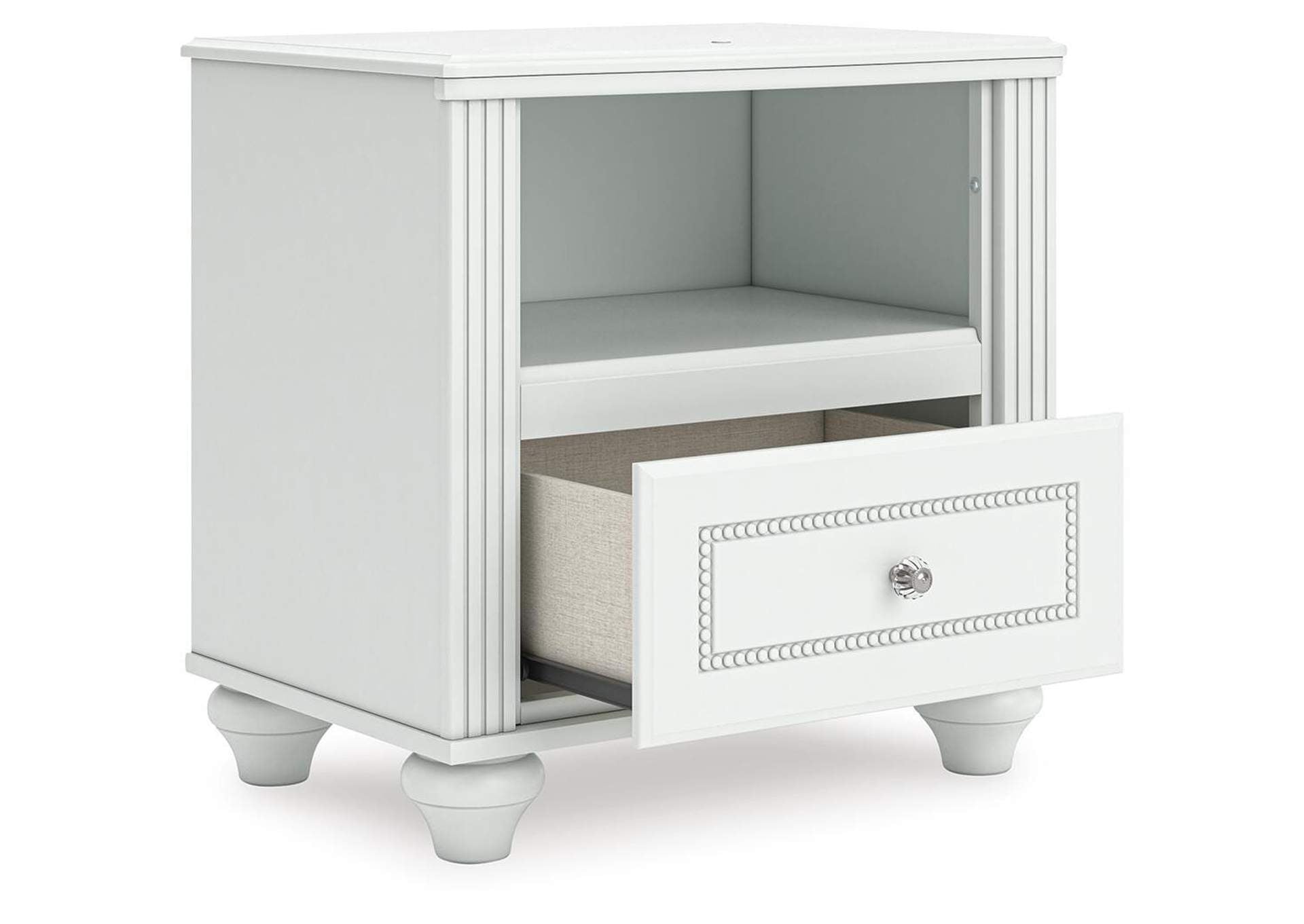 Maylilly Full Upholstered Panel Storage Bed, Dresser and Nightstand angled view