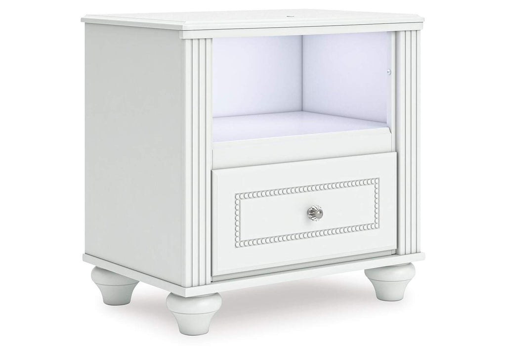 Maylilly Twin Upholstered Panel Bed, Dresser and Nightstand angled view