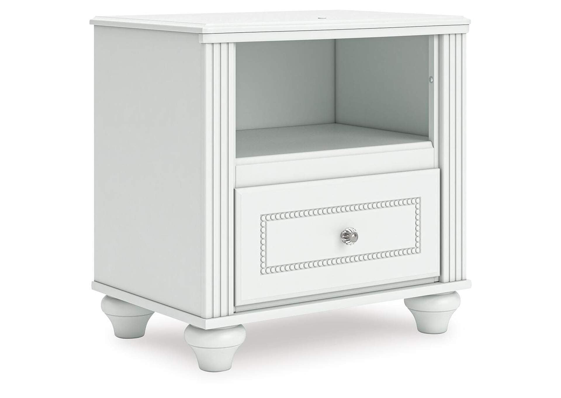 Maylilly Twin Upholstered Panel Storage Bed, Dresser and Nightstand angled view