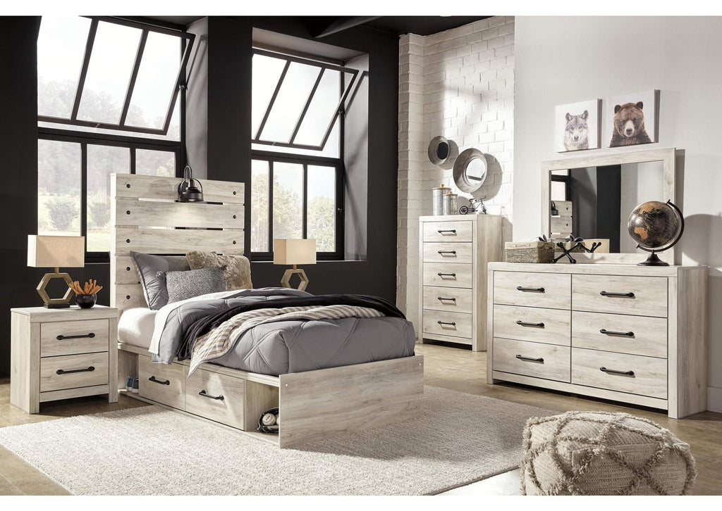 Cambeck Twin Panel Bed with 2 Storage Drawers with Mirrored Dresser, Chest and Nightstand