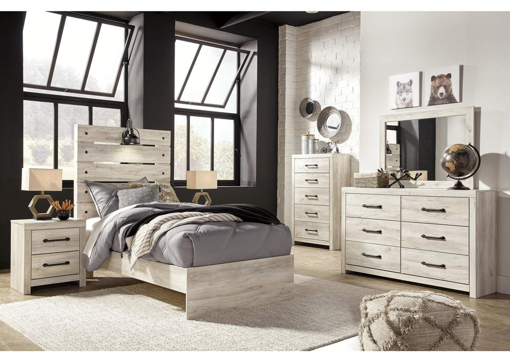 Cambeck Twin Panel Bed with Mirrored Dresser, Chest and 2 Nightstands