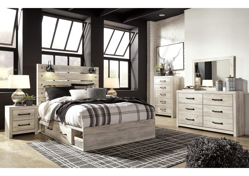 Cambeck Queen Panel Bed with 2 Storage Drawers with Mirrored Dresser, Chest and 2 Nightstands