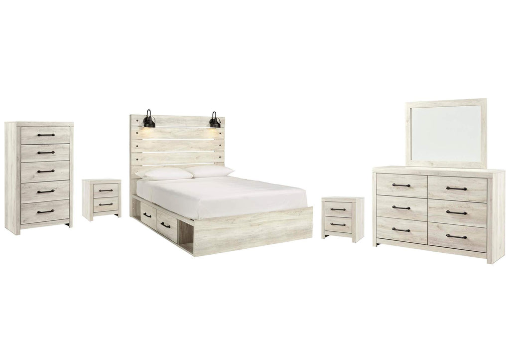 Cambeck Queen Panel Bed with 4 Storage Drawers with Mirrored Dresser, Chest and 2 Nightstands
