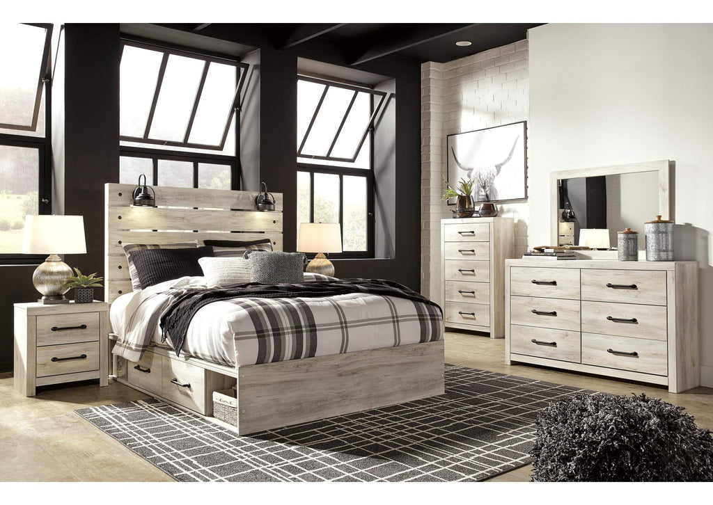 Cambeck Queen Panel Bed with 4 Storage Drawers with Mirrored Dresser, Chest and Nightstand