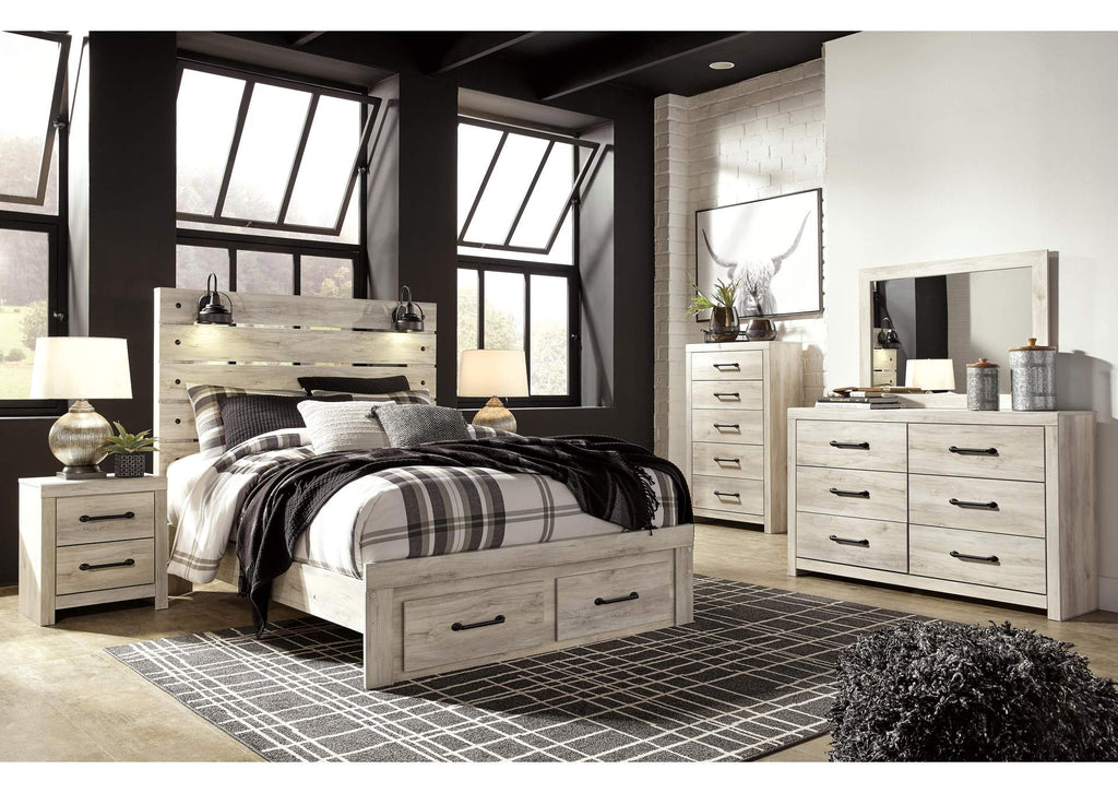 Cambeck Queen Panel Bed with 2 Storage Drawers with Mirrored Dresser, Chest and 2 Nightstands