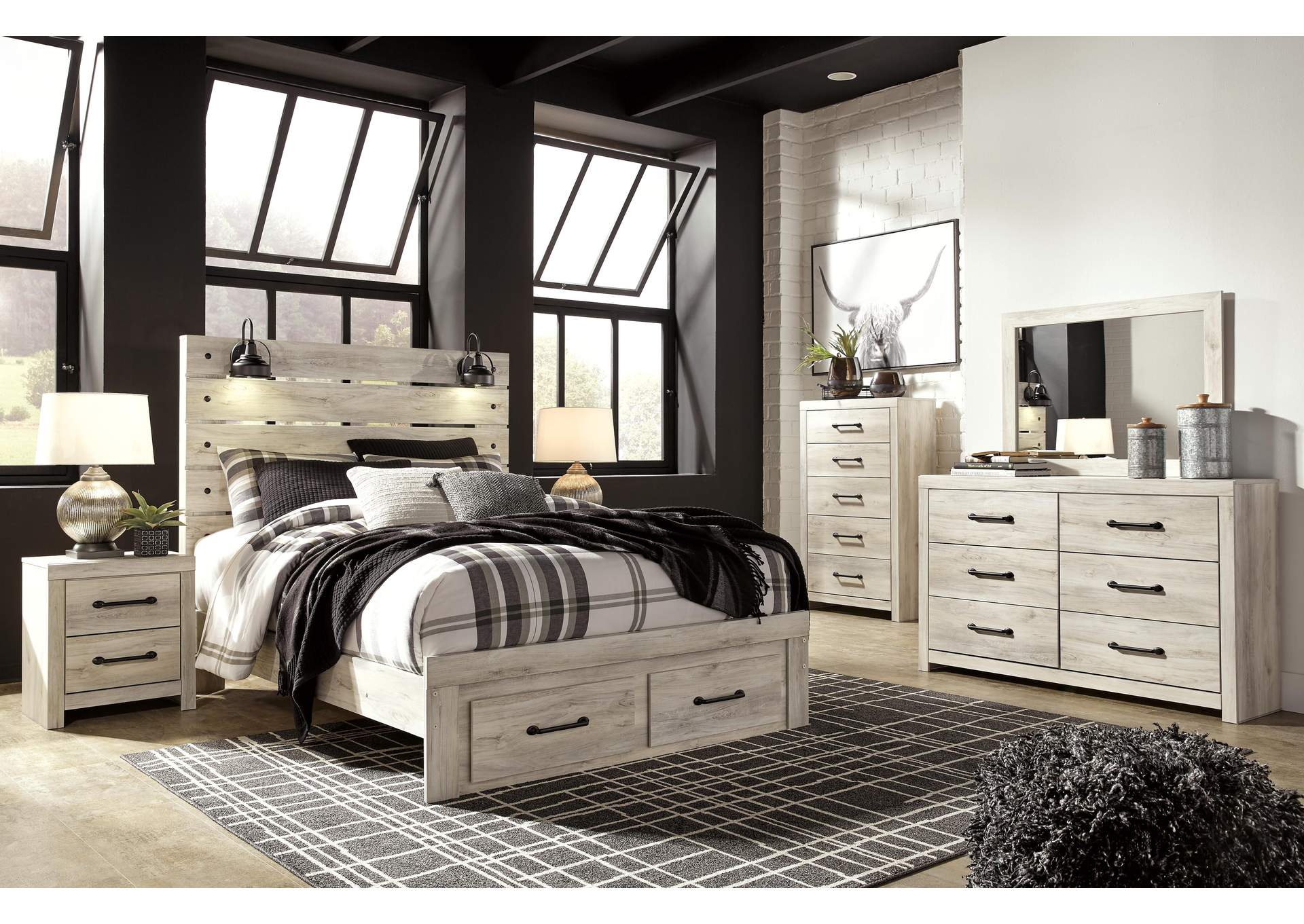 Cambeck Queen Panel Bed with 2 Storage Drawers with Mirrored Dresser, Chest and 2 Nightstands