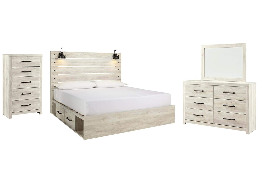 Cambeck King Panel Bed with 2 Storage Drawers with Mirrored Dresser and Chest