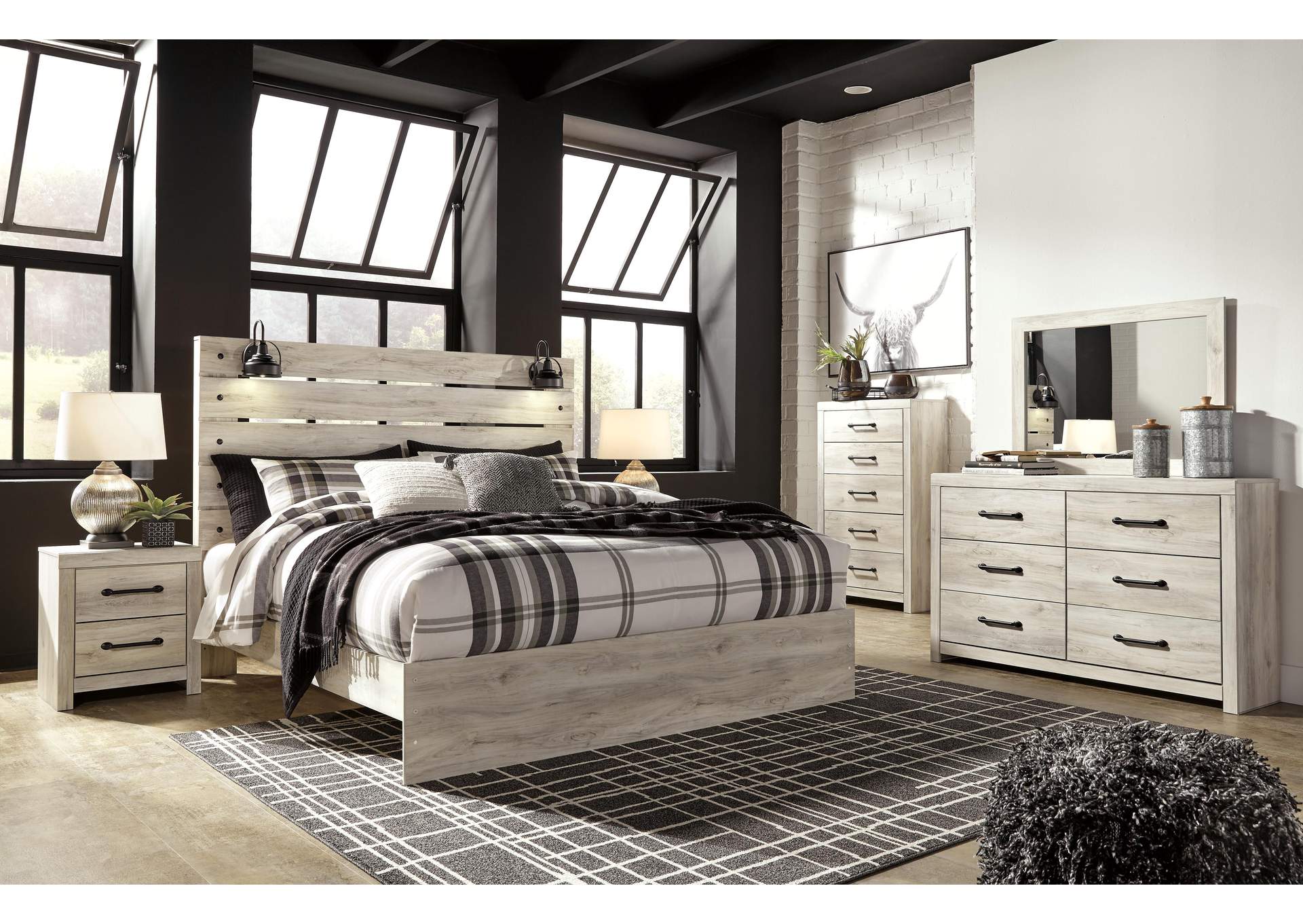 Cambeck King Panel Bed with Mirrored Dresser, Chest and Nightstand