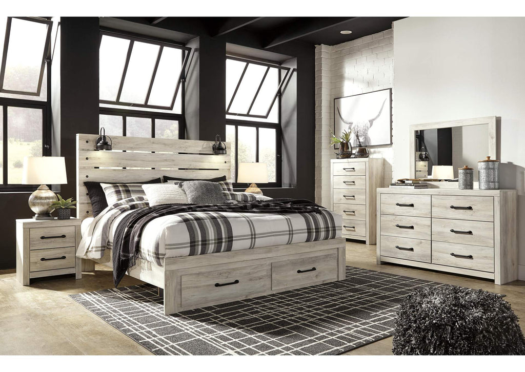 Cambeck King Panel Bed with 2 Storage Drawers with Mirrored Dresser, Chest and 2 Nightstands