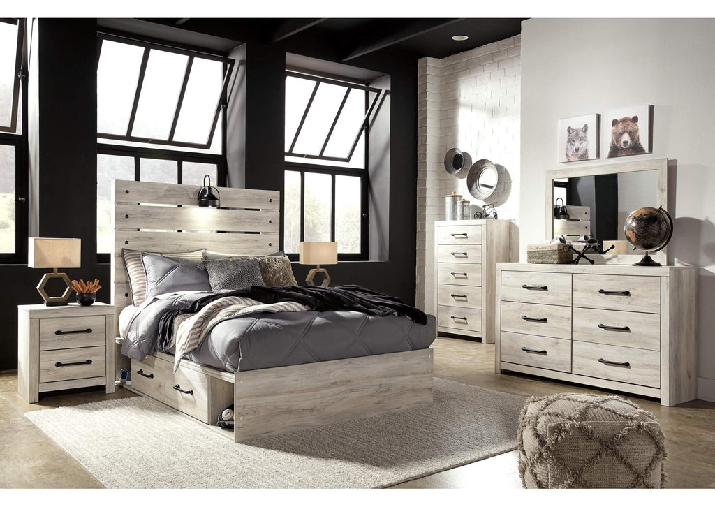 Cambeck Full Panel Bed with 4 Storage Drawers with Mirrored Dresser, Chest and 2 Nightstands