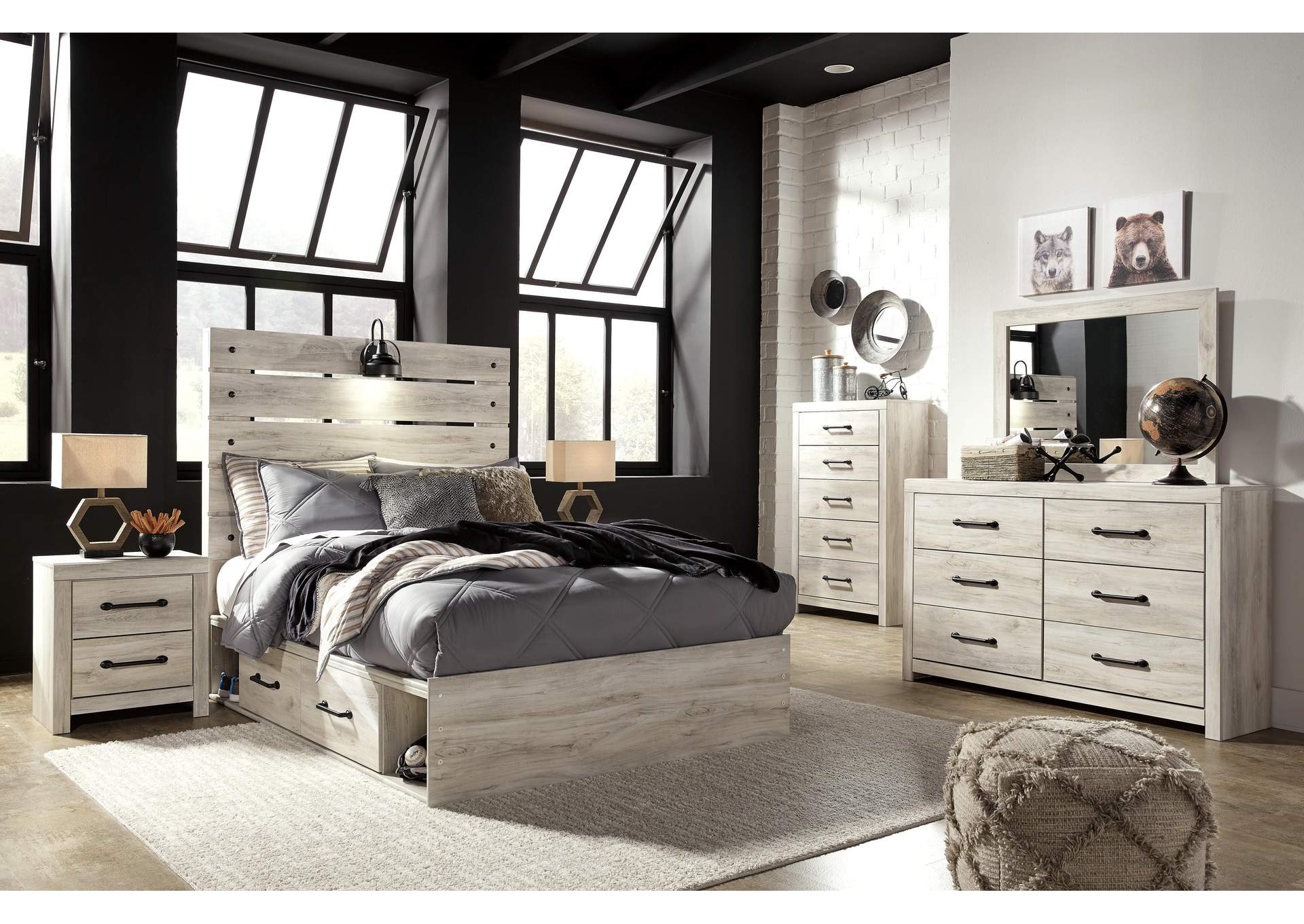 Cambeck Full Panel Bed with 4 Storage Drawers with Mirrored Dresser, Chest and 2 Nightstands