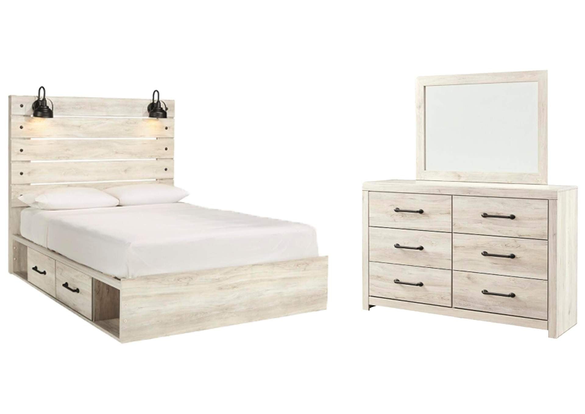 Cambeck Queen Panel Bed with 4 Storage Drawers with Mirrored Dresser