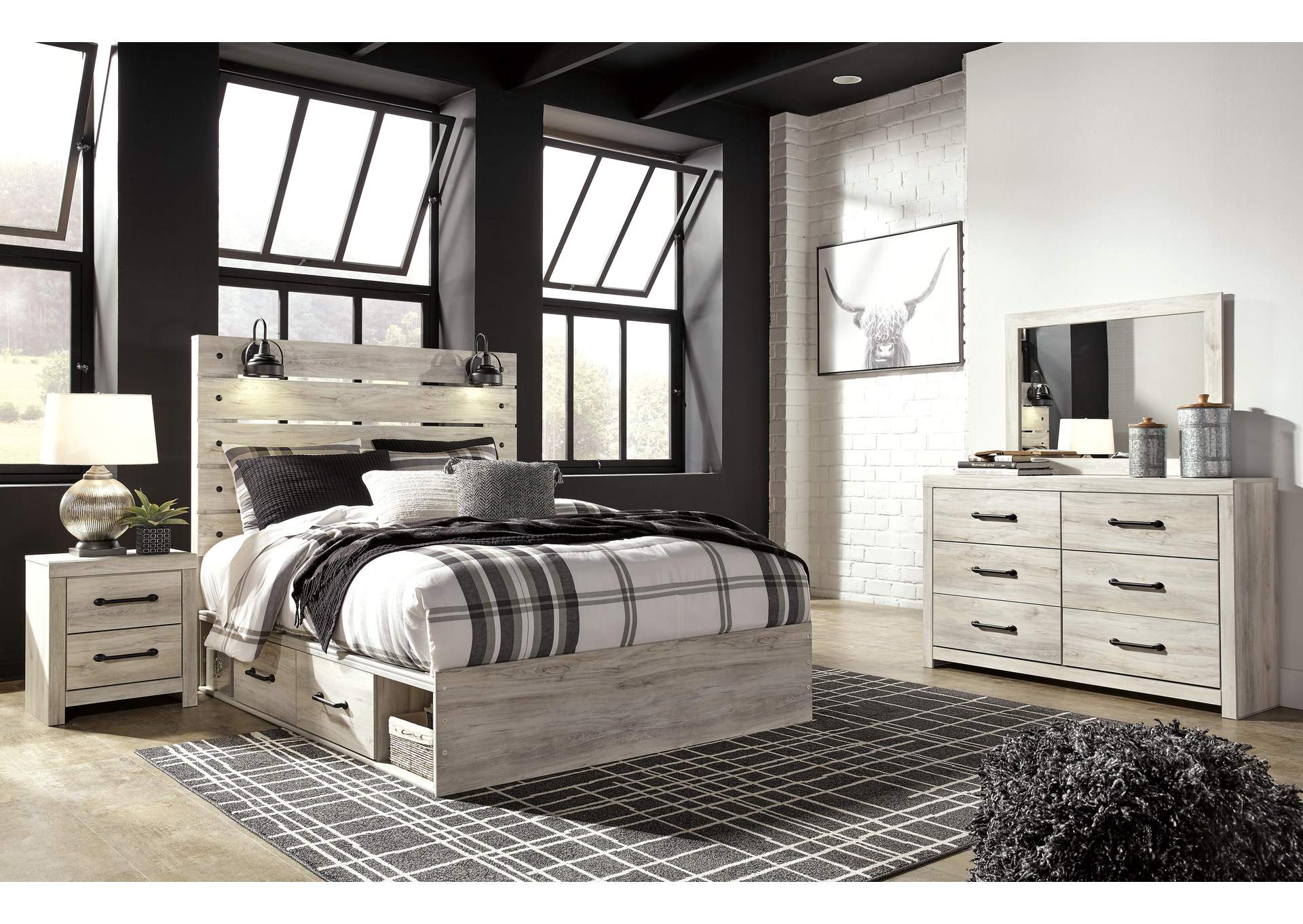 Cambeck Queen Panel Bed with 4 Storage Drawers with Mirrored Dresser and 2 Nightstands