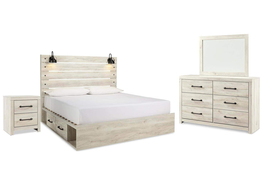Cambeck King Panel Bed with 2 Storage Drawers with Mirrored Dresser and Nightstand