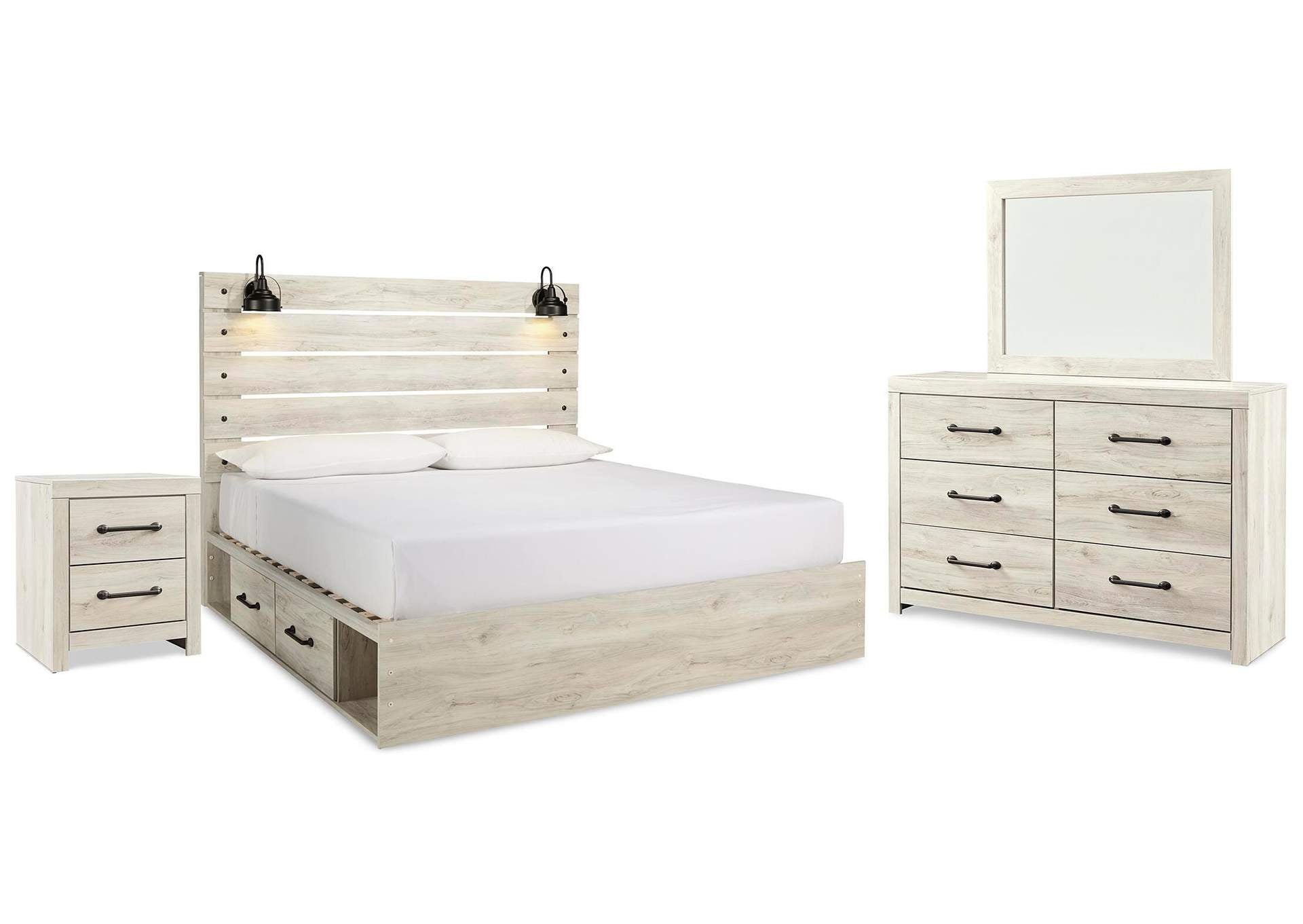 Cambeck King Panel Bed with 2 Storage Drawers with Mirrored Dresser and Nightstand