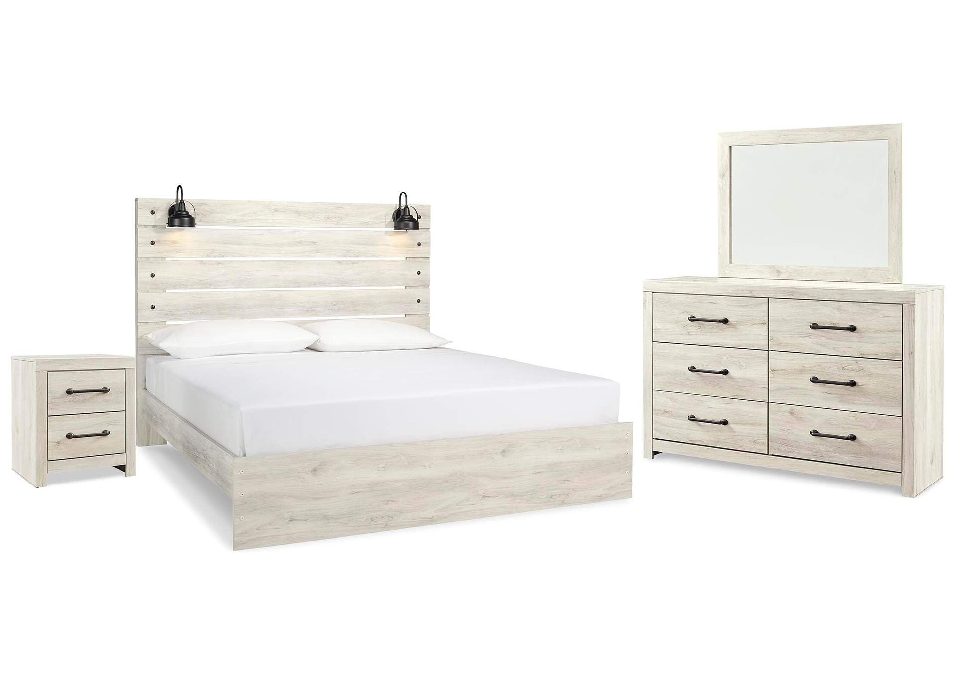 Cambeck King Panel Bed with Mirrored Dresser and Nightstand