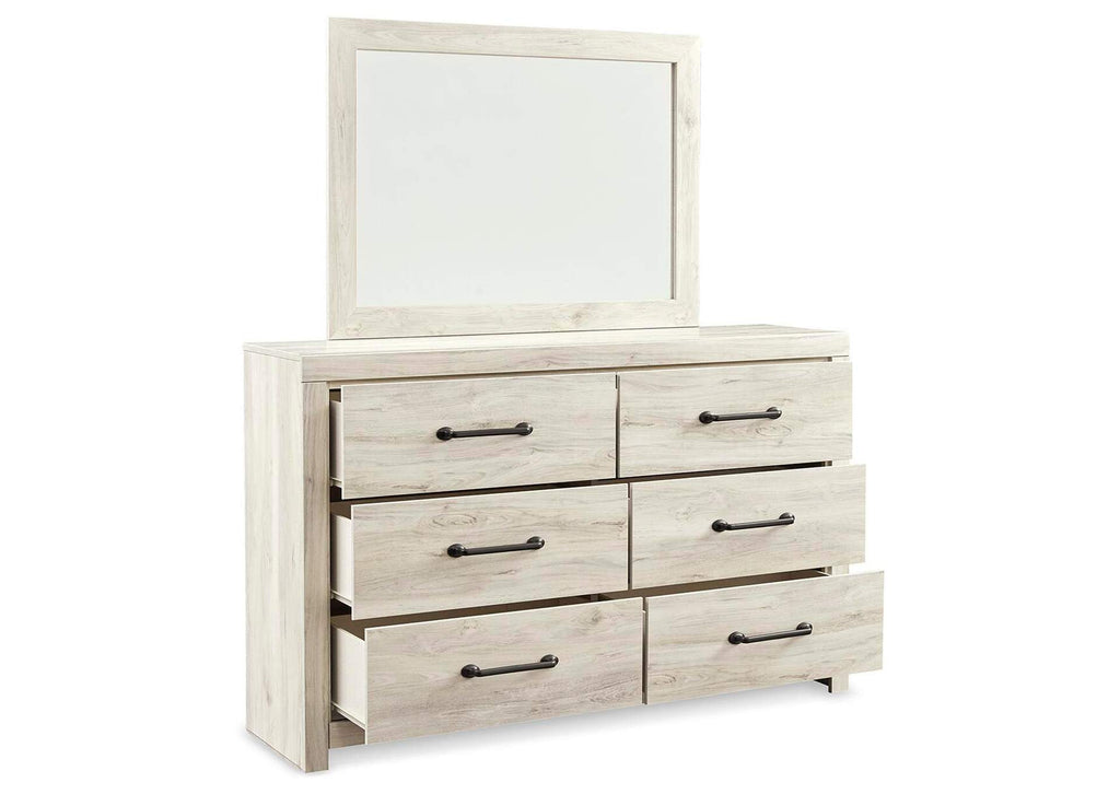 Cambeck Queen Panel Bed with 2 Storage Drawers with Mirrored Dresser and Nightstand angled view