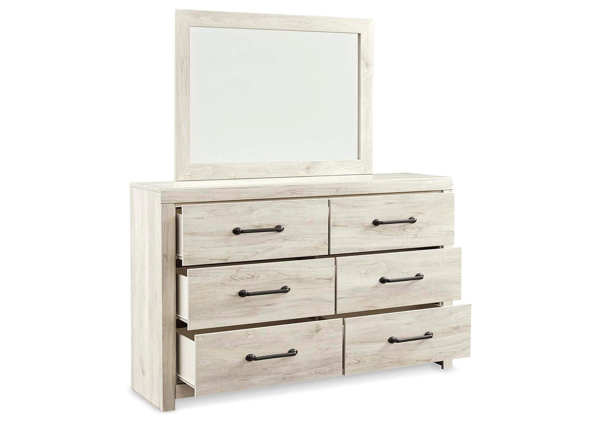 Cambeck King Panel Bed with 2 Storage Drawers with Mirrored Dresser and Nightstand angled view