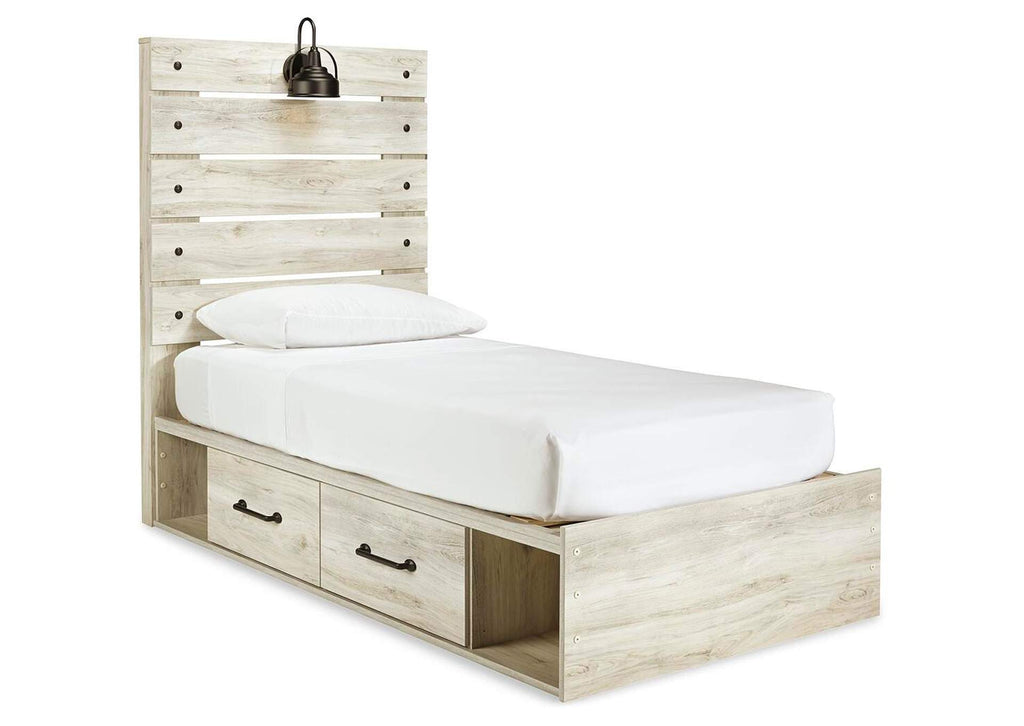 Cambeck Twin Panel Bed with 2 Storage Drawers with Mirrored Dresser, Chest and Nightstand angled view