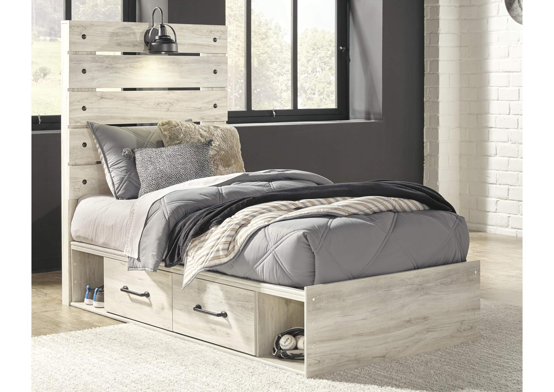 Cambeck Twin Panel Bed with 4 Storage Drawers with Mirrored Dresser and Chest room view