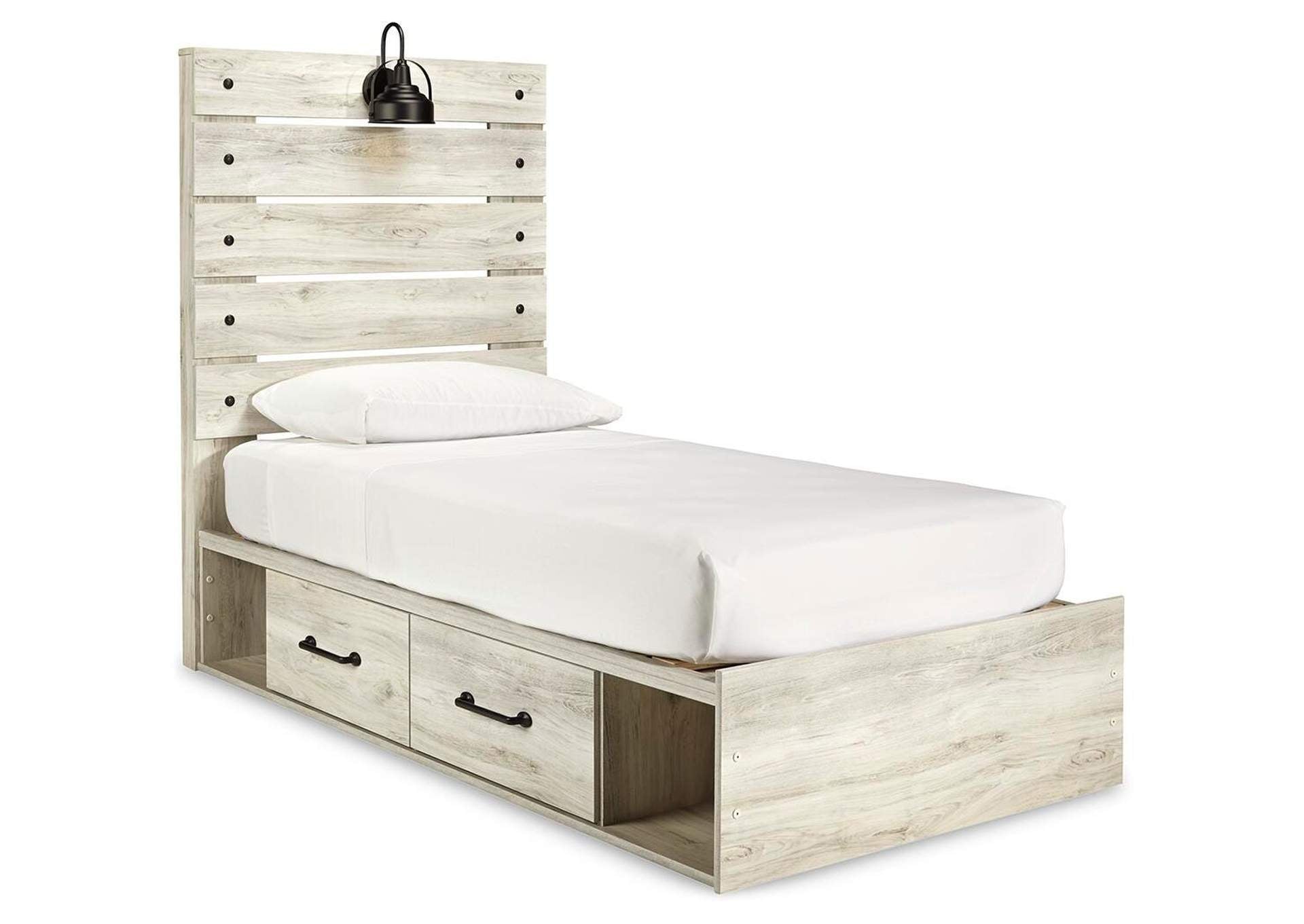 Cambeck Twin Panel Bed with 4 Storage Drawers with Mirrored Dresser and Chest angled view