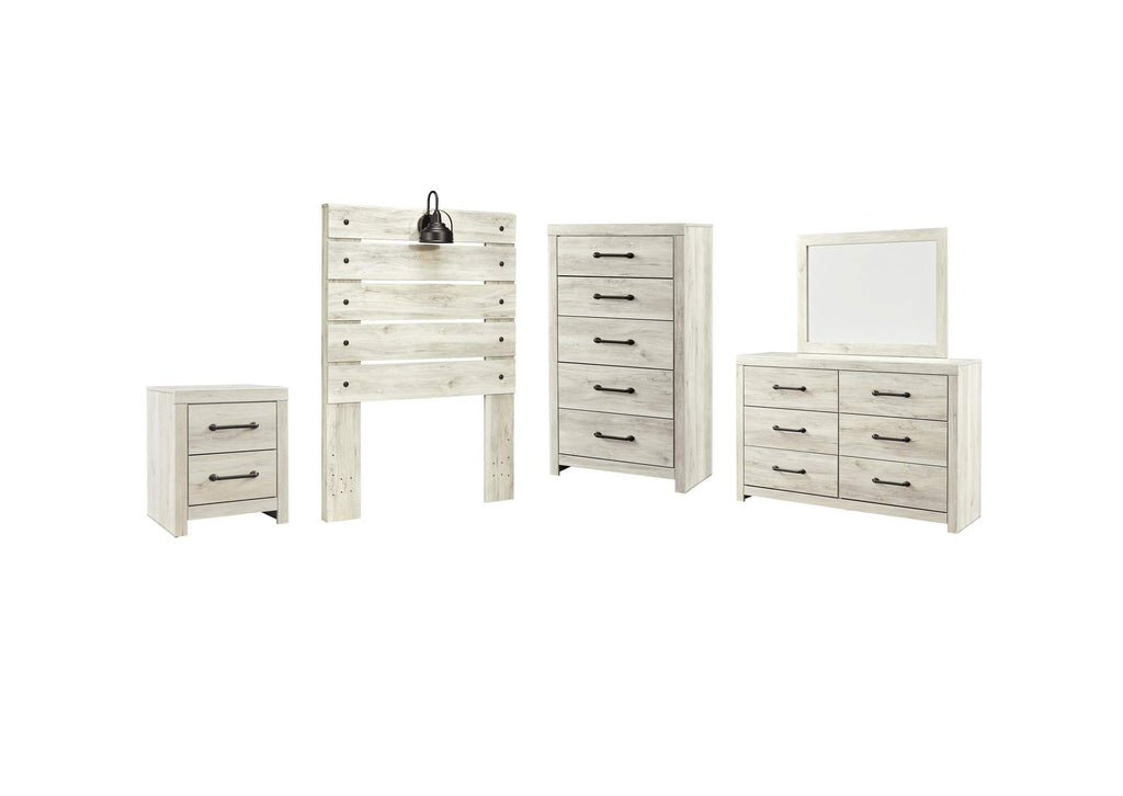 Cambeck Twin Panel Headboard Bed with Mirrored Dresser, Chest and Nightstand