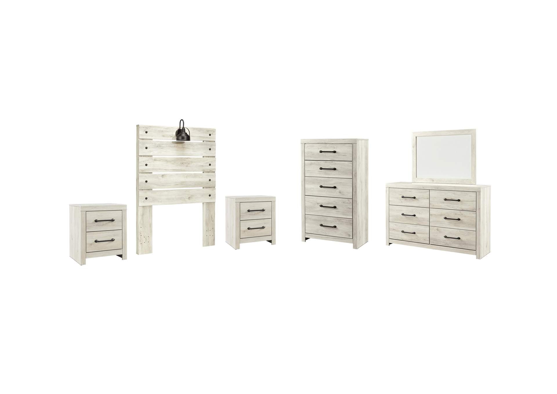 Cambeck Twin Panel Headboard Bed with Mirrored Dresser, Chest and 2 Nightstands