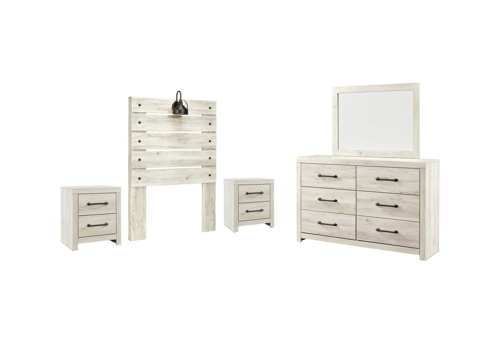 Cambeck Twin Panel Headboard Bed with Mirrored Dresser and 2 Nightstands