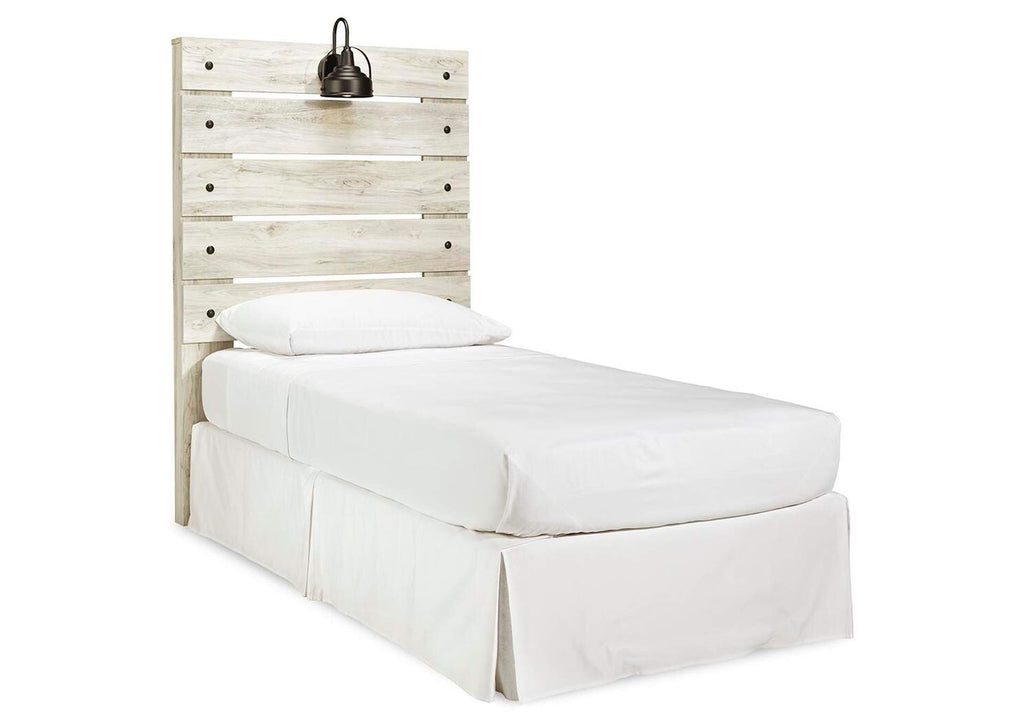 Cambeck Twin Panel Headboard Bed with Mirrored Dresser, Chest and Nightstand angled view