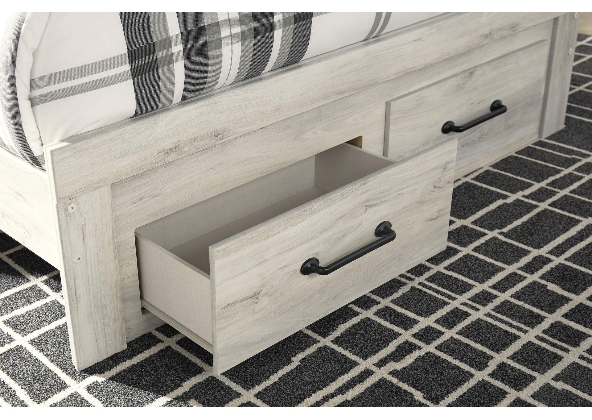 Cambeck Queen Panel Bed with 2 Storage Drawers with Mirrored Dresser and Chest detail