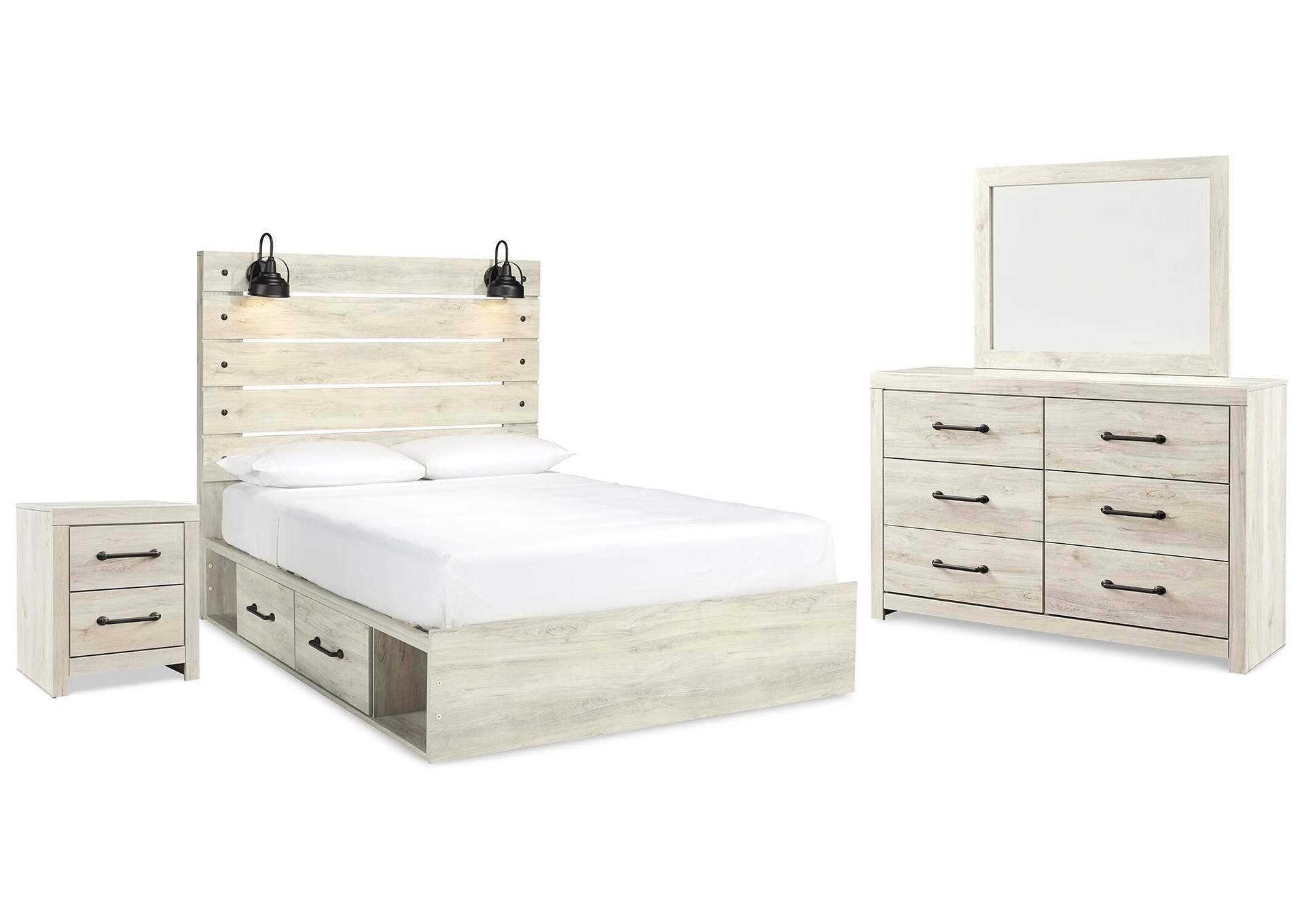 Cambeck Queen Panel Bed with 2 Storage Drawers with Mirrored Dresser and Nightstand