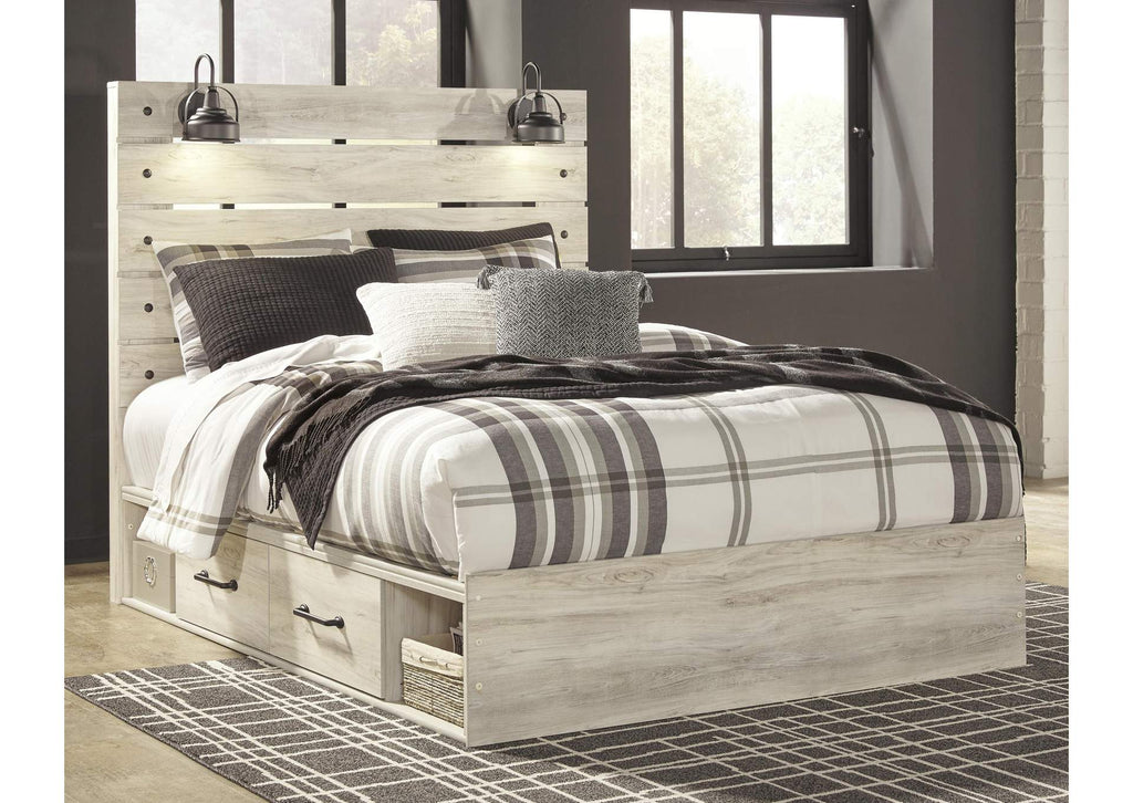 Cambeck Queen Panel Bed with 2 Storage Drawers with Mirrored Dresser and Nightstand room view