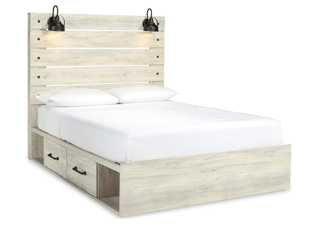 Cambeck Queen Panel Bed with 2 Storage Drawers with Mirrored Dresser and Nightstand angled view