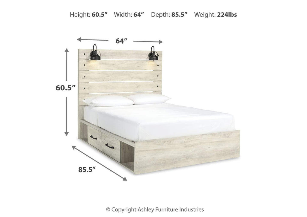 Cambeck Queen Panel Bed with 2 Storage Drawers with Mirrored Dresser and Nightstand dimensions