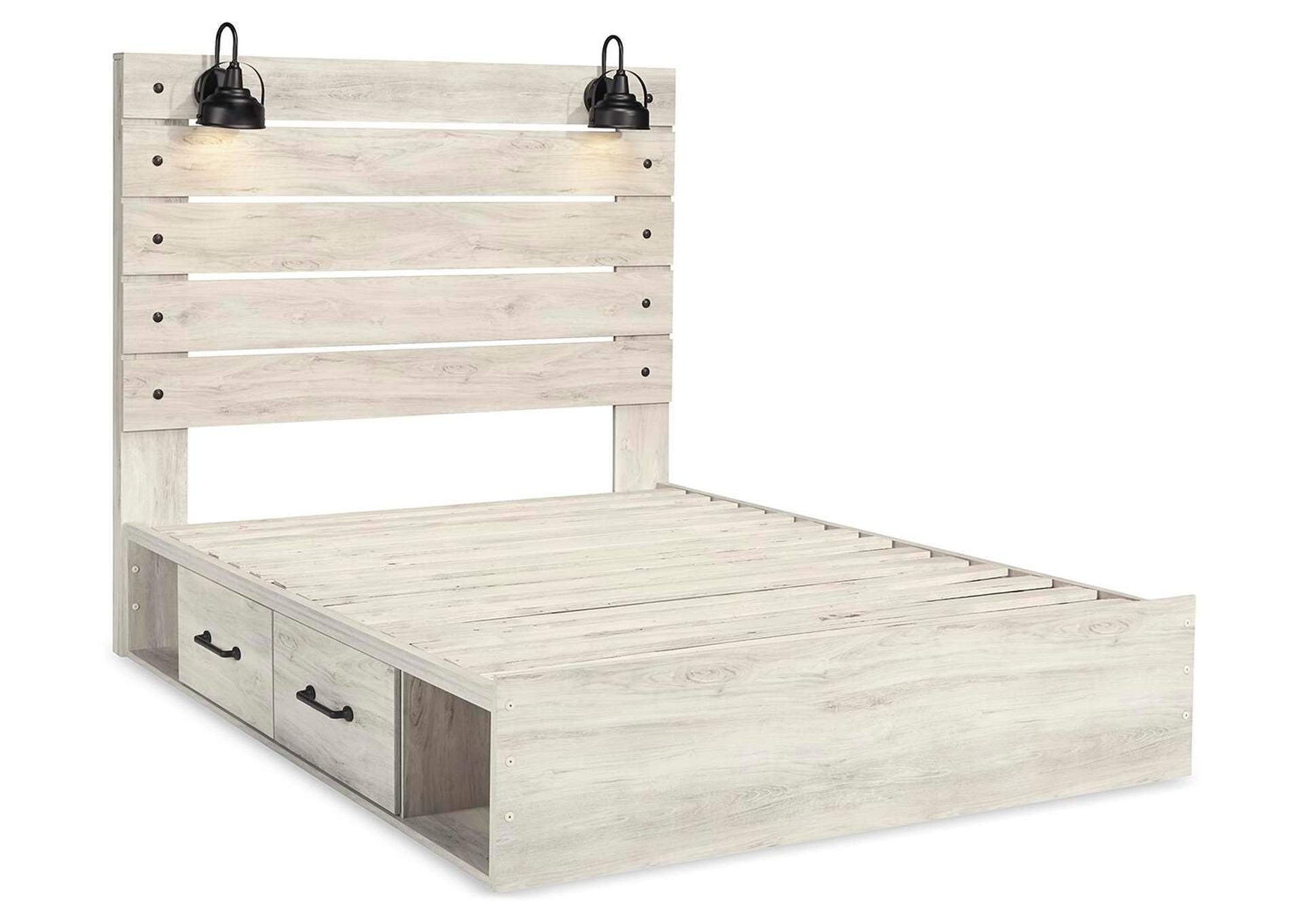 Cambeck Queen Panel Bed with 2 Storage Drawers with Mirrored Dresser and Nightstand
