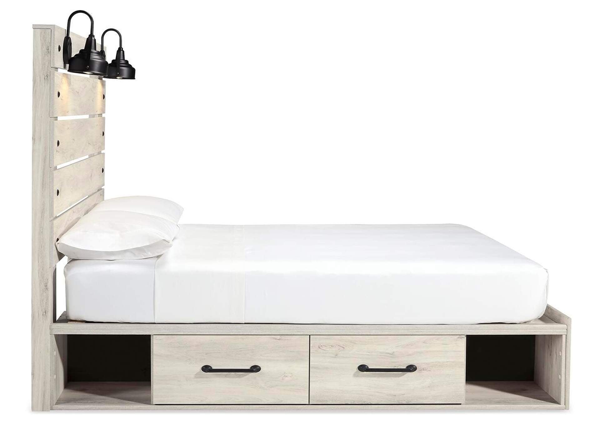 Cambeck Queen Panel Bed with 2 Storage Drawers with Mirrored Dresser and Nightstand side view