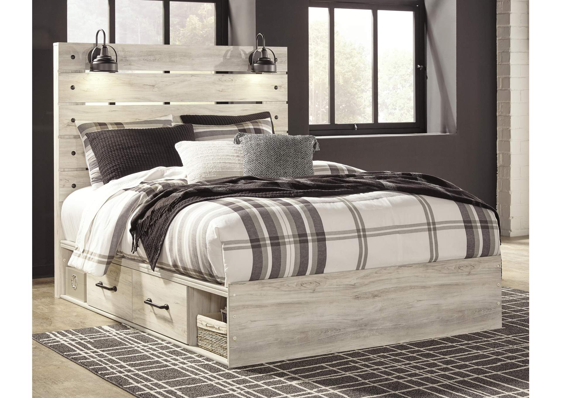 Cambeck Queen Panel Bed with 4 Storage Drawers with Mirrored Dresser and Chest room view