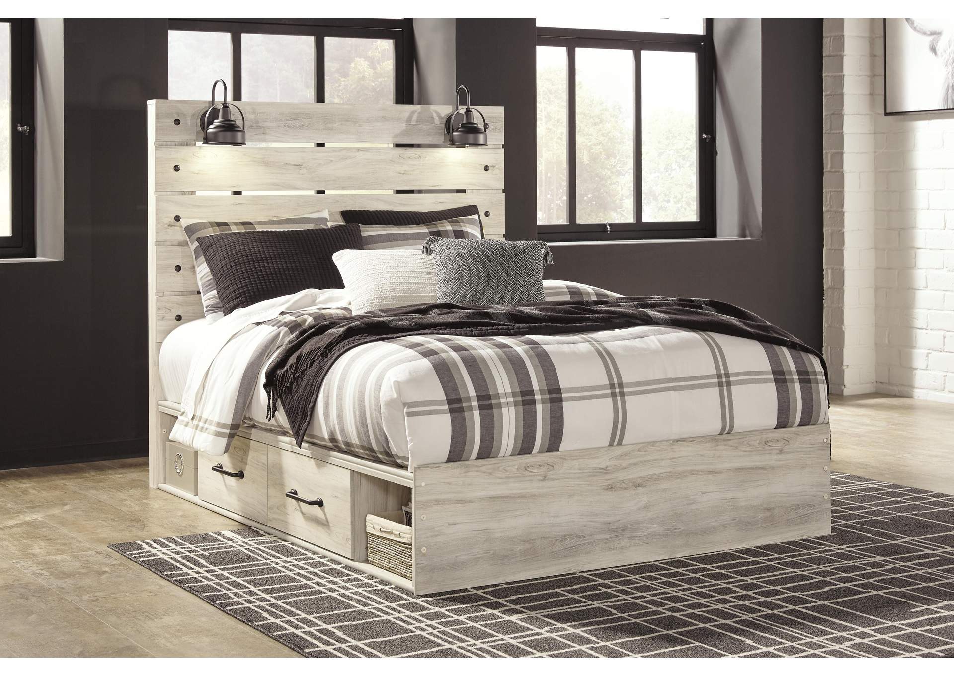 Cambeck Queen Panel Bed with 4 Storage Drawers with Mirrored Dresser