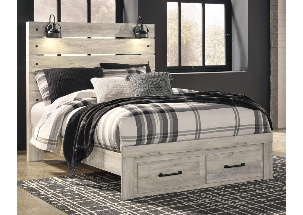 Cambeck Queen Panel Bed with 2 Storage Drawers with Mirrored Dresser and Chest room view