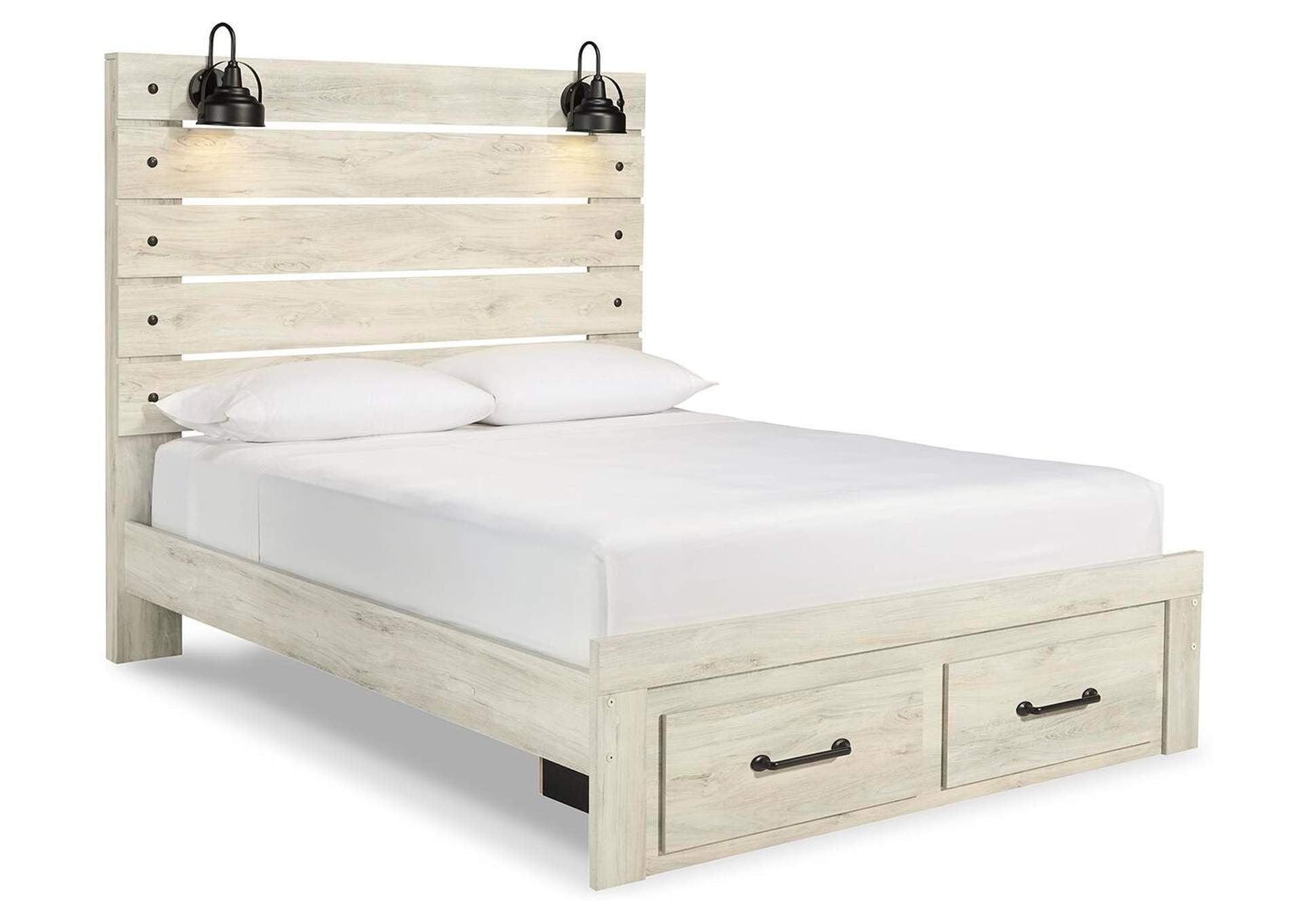 Cambeck Queen Panel Bed with 2 Storage Drawers with Mirrored Dresser angled view