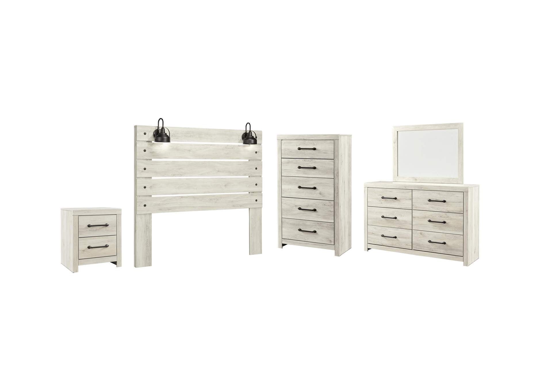 Cambeck Queen Panel Headboard Bed with Mirrored Dresser, Chest and Nightstand