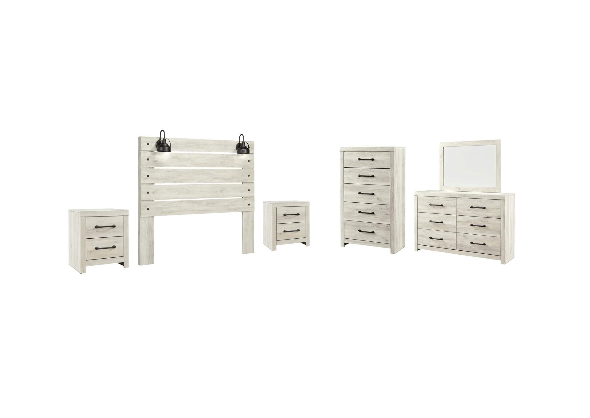 Cambeck Queen Panel Headboard Bed with Mirrored Dresser, Chest and 2 Nightstands