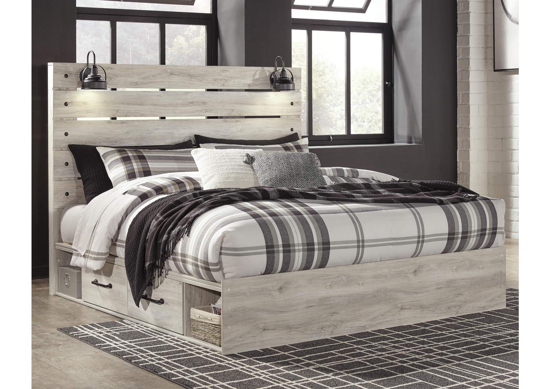 Cambeck King Panel Bed with 2 Storage Drawers with Mirrored Dresser and 2 Nightstands room view
