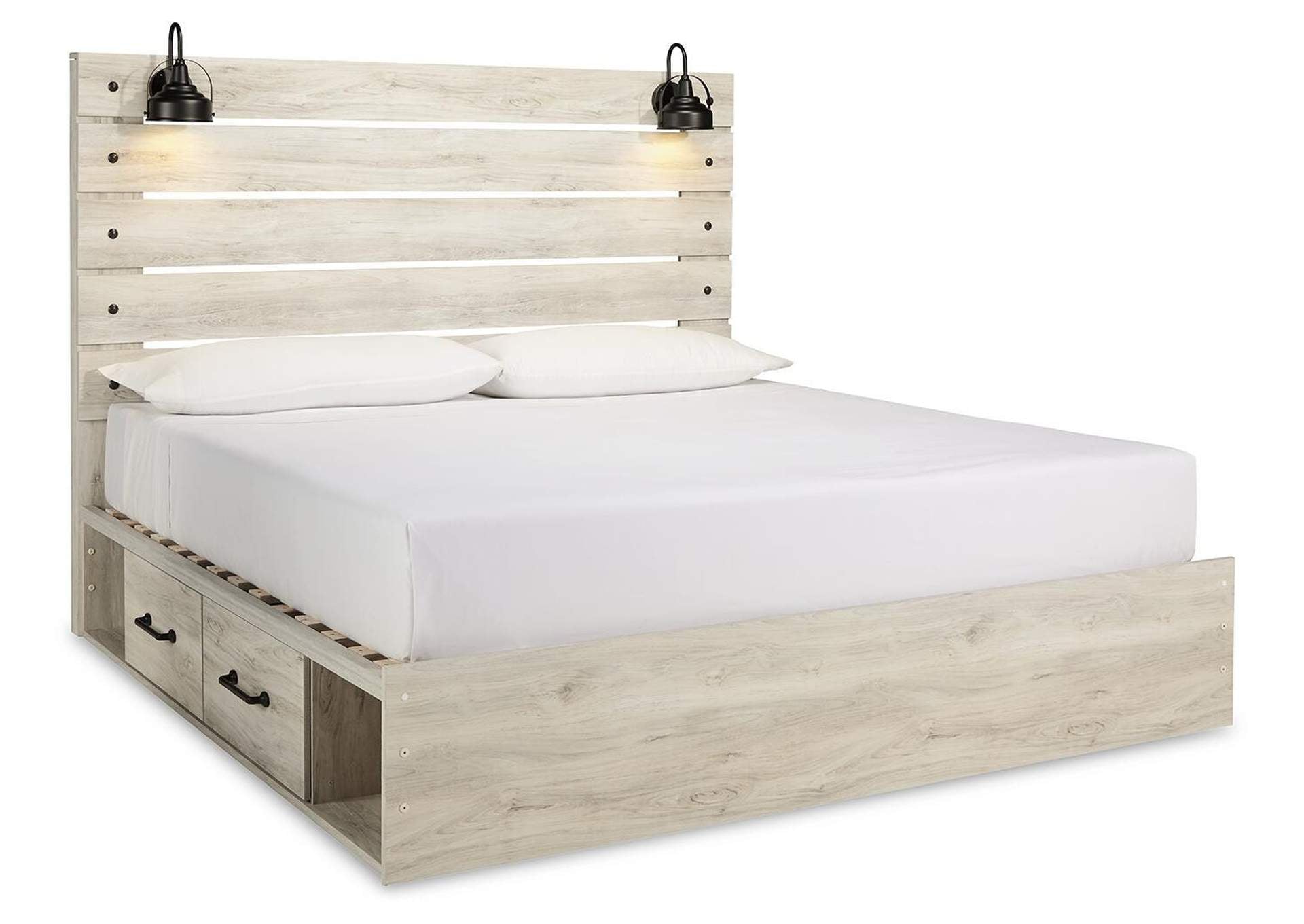 Cambeck King Panel Bed with 2 Storage Drawers with Mirrored Dresser and Chest