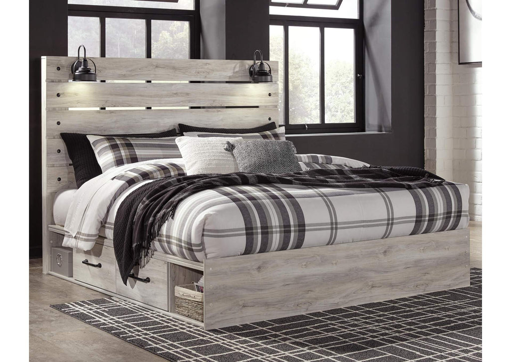 Cambeck King Panel Bed with 4 Storage Drawers with Mirrored Dresser room view